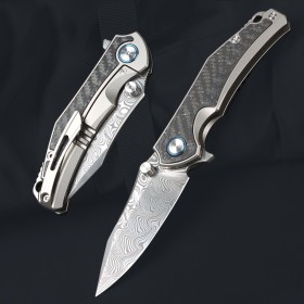 PMC27 Powder Damascus Steel Blade Titanium Handle Quick-Open Folding Knife UD408798
